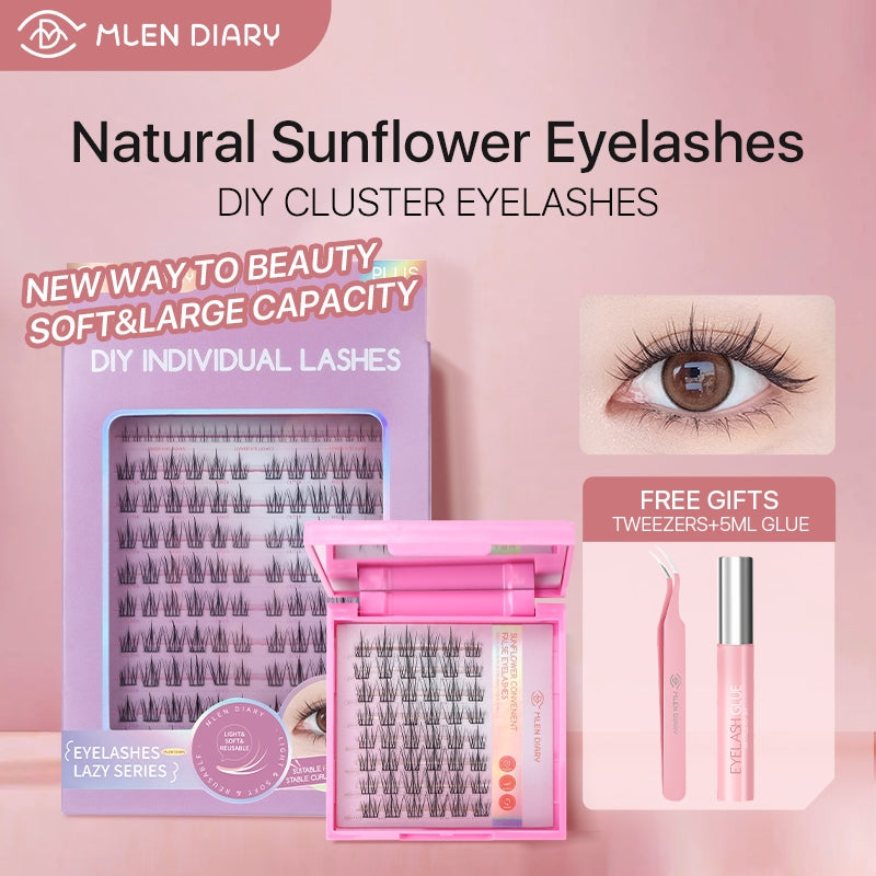Mlen Diary Lashes DIY Eyelash Extension 128 Cluster C Curl with Glue Individual Natural Soft Eyelash Cluster for Home Use