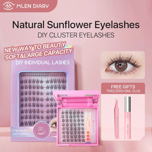 Mlen Diary Lashes DIY Eyelash Extension 128 Cluster C Curl with Glue Individual Natural Soft Eyelash Cluster for Home Use